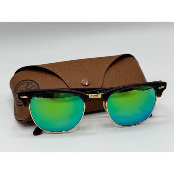Ray Ban Clubmaster Tortoise Frame Green Mirror Flash Lens RB3016 1145/19 - Picture 1 of 7